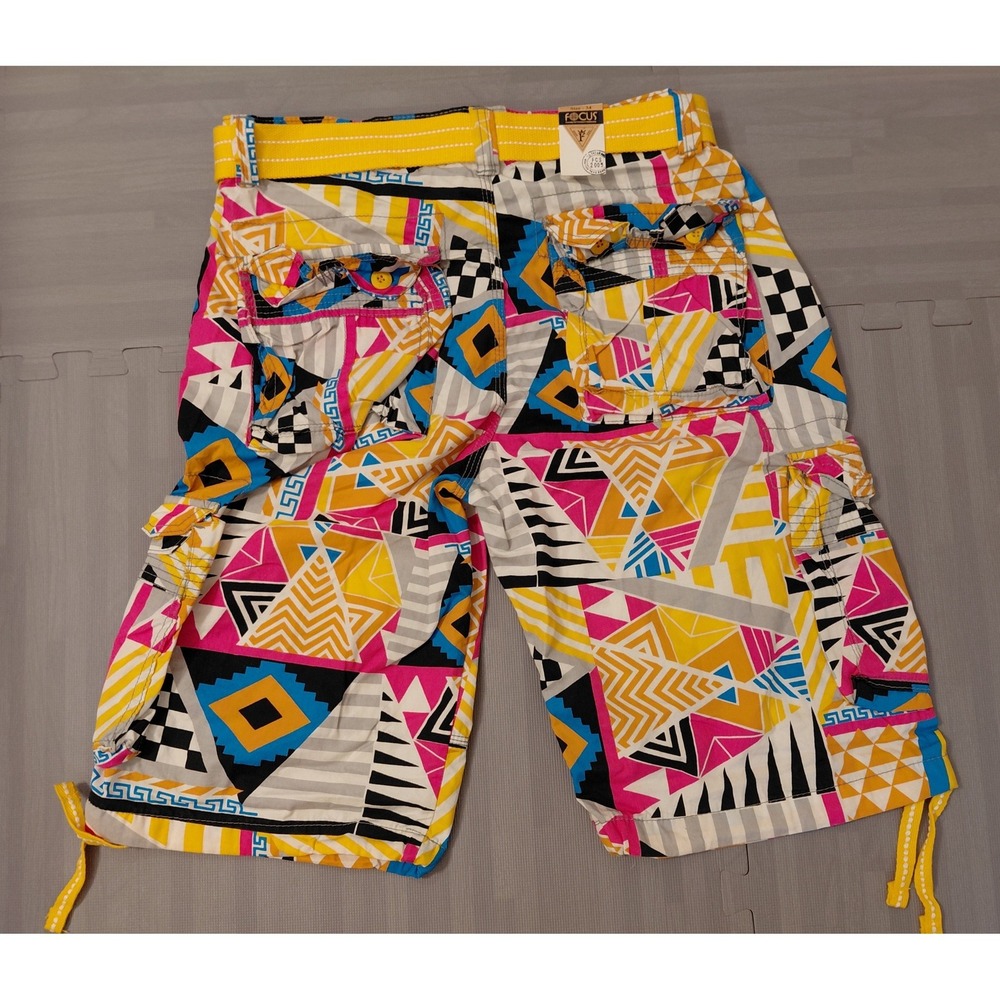 Focus Mens Geometric Tribal Cotton Cargo Shorts Multi-Color Belted Size 34 NEW
